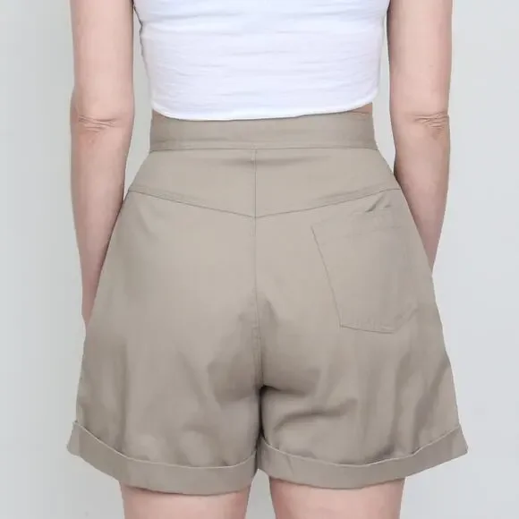 Vintage 1980s Pleated Khaki High Waist Wide Leg Shorts S - Picture 4 of 7